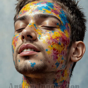 AI-generated abstract art of colorful, happy, handsome male faces covered in vibrant paint. Joy, excitement, and rainbow color in stunning digital art by Jeff Dupler.