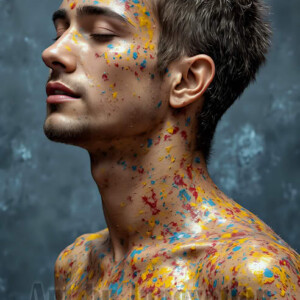 AI-generated abstract art of colorful, happy, handsome male faces covered in vibrant paint. Joy, excitement, and rainbow color in stunning digital art by Jeff Dupler.