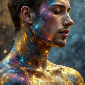 AI-generated abstract art of colorful, happy, handsome male faces covered in vibrant paint. Joy, excitement, and rainbow color in stunning digital art by Jeff Dupler.
