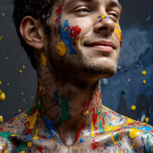 AI-generated abstract art of colorful, happy, handsome male faces covered in vibrant paint. Joy, excitement, and rainbow color in stunning digital art by Jeff Dupler.