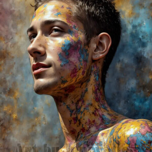AI-generated abstract art of colorful, happy, handsome male faces covered in vibrant paint. Joy, excitement, and rainbow color in stunning digital art by Jeff Dupler.