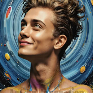 AI-generated abstract art of colorful, happy, handsome male faces covered in vibrant paint. Joy, excitement, and rainbow color in stunning digital art by Jeff Dupler.