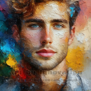 AI-generated abstract art of handsome men emerging from classic oil painting canvases — art imitating life. Surreal, stunning digital art concept by Jeff Dupler.