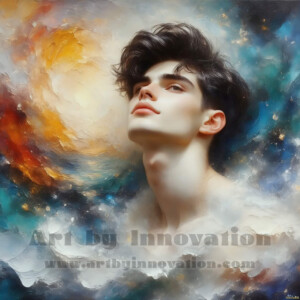 AI-generated abstract art of handsome men emerging from classic oil painting canvases — art imitating life. Surreal, stunning digital art concept by Jeff Dupler.