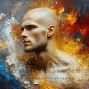 AI-generated abstract art of handsome men emerging from classic oil painting canvases — art imitating life. Surreal, stunning digital art concept by Jeff Dupler.