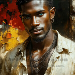 AI-generated abstract art of handsome men emerging from classic oil painting canvases — art imitating life. Surreal, stunning digital art concept by Jeff Dupler.