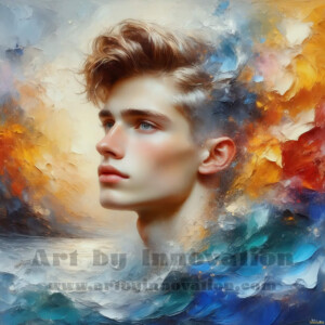 AI-generated abstract art of handsome men emerging from classic oil painting canvases — art imitating life. Surreal, stunning digital art concept by Jeff Dupler.