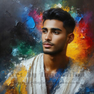 AI-generated abstract art of handsome men emerging from classic oil painting canvases — art imitating life. Surreal, stunning digital art concept by Jeff Dupler.