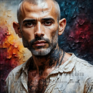 AI-generated abstract art of handsome men emerging from classic oil painting canvases — art imitating life. Surreal, stunning digital art concept by Jeff Dupler.
