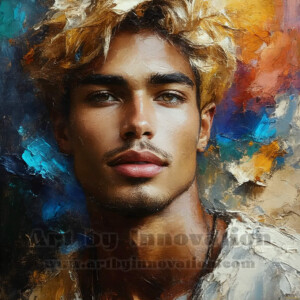 AI-generated abstract art of handsome men emerging from classic oil painting canvases — art imitating life. Surreal, stunning digital art concept by Jeff Dupler.