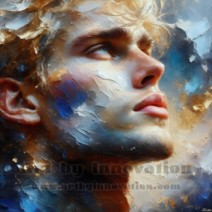 AI-generated abstract art of handsome men emerging from classic oil painting canvases — art imitating life. Surreal, stunning digital art concept by Jeff Dupler.