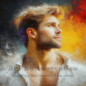 AI-generated abstract art of handsome men emerging from classic oil painting canvases — art imitating life. Surreal, stunning digital art concept by Jeff Dupler.
