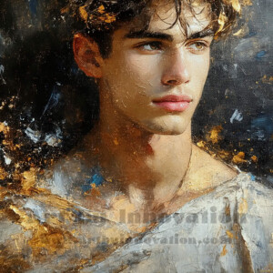AI-generated abstract art of handsome men emerging from classic oil painting canvases — art imitating life. Surreal, stunning digital art concept by Jeff Dupler.