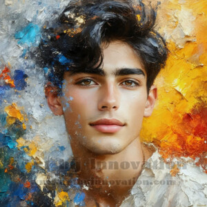 AI-generated abstract art of handsome men emerging from classic oil painting canvases — art imitating life. Surreal, stunning digital art concept by Jeff Dupler.