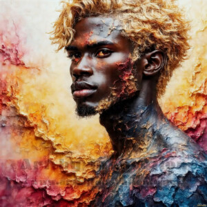 AI-generated abstract art of handsome men emerging from classic oil painting canvases — art imitating life. Surreal, stunning digital art concept by Jeff Dupler.