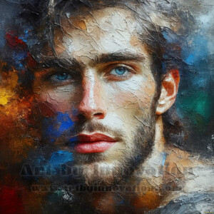 AI-generated abstract art of handsome men emerging from classic oil painting canvases — art imitating life. Surreal, stunning digital art concept by Jeff Dupler.