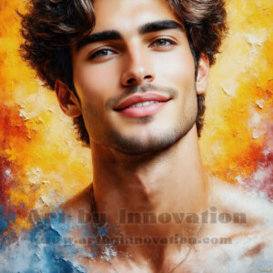 AI-generated abstract art of handsome men emerging from classic oil painting canvases — art imitating life. Surreal, stunning digital art concept by Jeff Dupler.