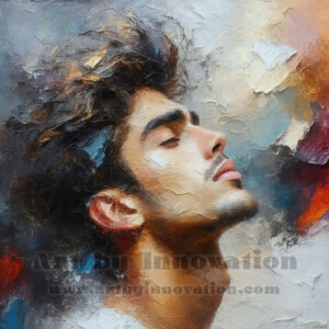 AI-generated abstract art of handsome men emerging from classic oil painting canvases — art imitating life. Surreal, stunning digital art concept by Jeff Dupler.