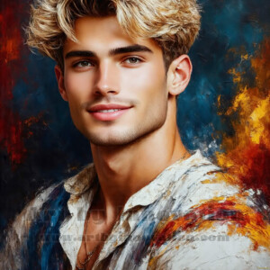 AI-generated abstract art of handsome men emerging from classic oil painting canvases — art imitating life. Surreal, stunning digital art concept by Jeff Dupler.