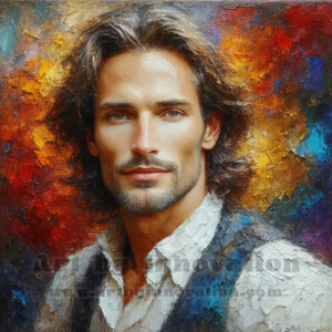 AI-generated abstract art of handsome men emerging from classic oil painting canvases — art imitating life. Surreal, stunning digital art concept by Jeff Dupler.