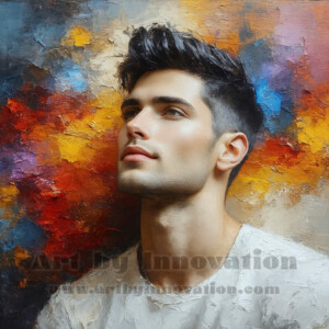 AI-generated abstract art of handsome men emerging from classic oil painting canvases — art imitating life. Surreal, stunning digital art concept by Jeff Dupler.