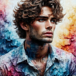 AI-generated abstract art of handsome men emerging from classic oil painting canvases — art imitating life. Surreal, stunning digital art concept by Jeff Dupler.