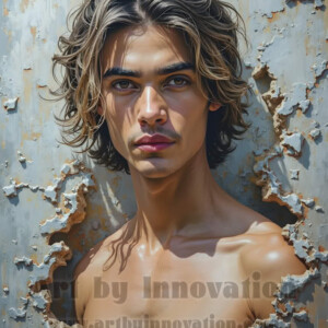 Art imitating life — and life imitating art. This AI-generated abstract concept collection features handsome men breaking the fourth wall of the canvas itself, emerging from classic oil paintings as their faces and forms come alive while their bodies remain painted on the wall. A profound meditation on the connection between creative expression and human experience — and a stunning visual achievement. Created using AI, edited in Photoshop, by © Jeff Dupler | Art by Innovation | https://www.artbyinnovation.com