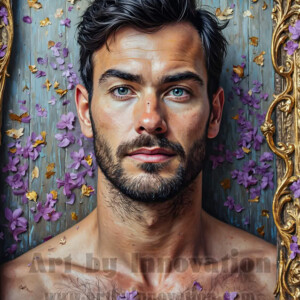 Art imitating life — and life imitating art. This AI-generated abstract concept collection features handsome men breaking the fourth wall of the canvas itself, emerging from classic oil paintings as their faces and forms come alive while their bodies remain painted on the wall. A profound meditation on the connection between creative expression and human experience — and a stunning visual achievement. Created using AI, edited in Photoshop, by © Jeff Dupler | Art by Innovation | https://www.artbyinnovation.com