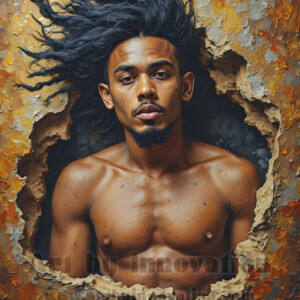 Art imitating life — and life imitating art. This AI-generated abstract concept collection features handsome men breaking the fourth wall of the canvas itself, emerging from classic oil paintings as their faces and forms come alive while their bodies remain painted on the wall. A profound meditation on the connection between creative expression and human experience — and a stunning visual achievement. Created using AI, edited in Photoshop, by © Jeff Dupler | Art by Innovation | https://www.artbyinnovation.com
