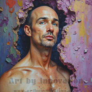 Art imitating life — and life imitating art. This AI-generated abstract concept collection features handsome men breaking the fourth wall of the canvas itself, emerging from classic oil paintings as their faces and forms come alive while their bodies remain painted on the wall. A profound meditation on the connection between creative expression and human experience — and a stunning visual achievement. Created using AI, edited in Photoshop, by © Jeff Dupler | Art by Innovation | https://www.artbyinnovation.com