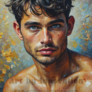 Art imitating life — and life imitating art. This AI-generated abstract concept collection features handsome men breaking the fourth wall of the canvas itself, emerging from classic oil paintings as their faces and forms come alive while their bodies remain painted on the wall. A profound meditation on the connection between creative expression and human experience — and a stunning visual achievement. Created using AI, edited in Photoshop, by © Jeff Dupler | Art by Innovation | https://www.artbyinnovation.com