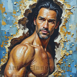 Art imitating life — and life imitating art. This AI-generated abstract concept collection features handsome men breaking the fourth wall of the canvas itself, emerging from classic oil paintings as their faces and forms come alive while their bodies remain painted on the wall. A profound meditation on the connection between creative expression and human experience — and a stunning visual achievement. Created using AI, edited in Photoshop, by © Jeff Dupler | Art by Innovation | https://www.artbyinnovation.com