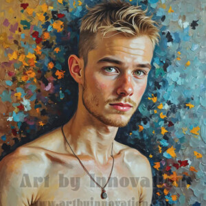 Art imitating life — and life imitating art. This AI-generated abstract concept collection features handsome men breaking the fourth wall of the canvas itself, emerging from classic oil paintings as their faces and forms come alive while their bodies remain painted on the wall. A profound meditation on the connection between creative expression and human experience — and a stunning visual achievement. Created using AI, edited in Photoshop, by © Jeff Dupler | Art by Innovation | https://www.artbyinnovation.com