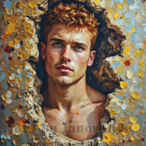 Art imitating life — and life imitating art. This AI-generated abstract concept collection features handsome men breaking the fourth wall of the canvas itself, emerging from classic oil paintings as their faces and forms come alive while their bodies remain painted on the wall. A profound meditation on the connection between creative expression and human experience — and a stunning visual achievement. Created using AI, edited in Photoshop, by © Jeff Dupler | Art by Innovation | https://www.artbyinnovation.com