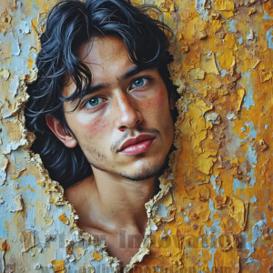 Art imitating life — and life imitating art. This AI-generated abstract concept collection features handsome men breaking the fourth wall of the canvas itself, emerging from classic oil paintings as their faces and forms come alive while their bodies remain painted on the wall. A profound meditation on the connection between creative expression and human experience — and a stunning visual achievement. Created using AI, edited in Photoshop, by © Jeff Dupler | Art by Innovation | https://www.artbyinnovation.com
