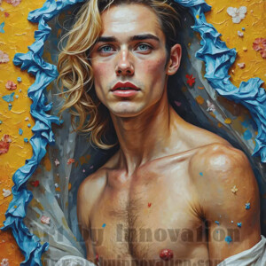 Art imitating life — and life imitating art. This AI-generated abstract concept collection features handsome men breaking the fourth wall of the canvas itself, emerging from classic oil paintings as their faces and forms come alive while their bodies remain painted on the wall. A profound meditation on the connection between creative expression and human experience — and a stunning visual achievement. Created using AI, edited in Photoshop, by © Jeff Dupler | Art by Innovation | https://www.artbyinnovation.com