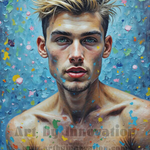 Art imitating life — and life imitating art. This AI-generated abstract concept collection features handsome men breaking the fourth wall of the canvas itself, emerging from classic oil paintings as their faces and forms come alive while their bodies remain painted on the wall. A profound meditation on the connection between creative expression and human experience — and a stunning visual achievement. Created using AI, edited in Photoshop, by © Jeff Dupler | Art by Innovation | https://www.artbyinnovation.com