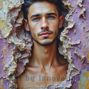 Art imitating life — and life imitating art. This AI-generated abstract concept collection features handsome men breaking the fourth wall of the canvas itself, emerging from classic oil paintings as their faces and forms come alive while their bodies remain painted on the wall. A profound meditation on the connection between creative expression and human experience — and a stunning visual achievement. Created using AI, edited in Photoshop, by © Jeff Dupler | Art by Innovation | https://www.artbyinnovation.com