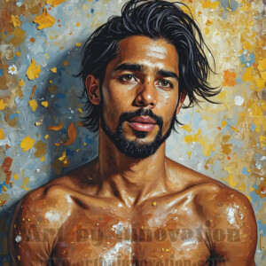 Art imitating life — and life imitating art. This AI-generated abstract concept collection features handsome men breaking the fourth wall of the canvas itself, emerging from classic oil paintings as their faces and forms come alive while their bodies remain painted on the wall. A profound meditation on the connection between creative expression and human experience — and a stunning visual achievement. Created using AI, edited in Photoshop, by © Jeff Dupler | Art by Innovation | https://www.artbyinnovation.com