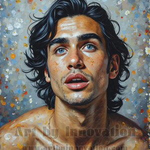 Art imitating life — and life imitating art. This AI-generated abstract concept collection features handsome men breaking the fourth wall of the canvas itself, emerging from classic oil paintings as their faces and forms come alive while their bodies remain painted on the wall. A profound meditation on the connection between creative expression and human experience — and a stunning visual achievement. Created using AI, edited in Photoshop, by © Jeff Dupler | Art by Innovation | https://www.artbyinnovation.com
