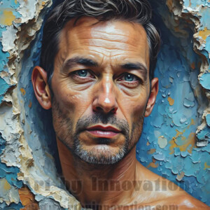 Art imitating life — and life imitating art. This AI-generated abstract concept collection features handsome men breaking the fourth wall of the canvas itself, emerging from classic oil paintings as their faces and forms come alive while their bodies remain painted on the wall. A profound meditation on the connection between creative expression and human experience — and a stunning visual achievement. Created using AI, edited in Photoshop, by © Jeff Dupler | Art by Innovation | https://www.artbyinnovation.com