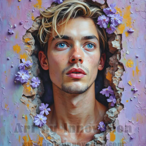 Art imitating life — and life imitating art. This AI-generated abstract concept collection features handsome men breaking the fourth wall of the canvas itself, emerging from classic oil paintings as their faces and forms come alive while their bodies remain painted on the wall. A profound meditation on the connection between creative expression and human experience — and a stunning visual achievement. Created using AI, edited in Photoshop, by © Jeff Dupler | Art by Innovation | https://www.artbyinnovation.com
