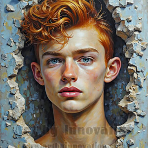 Art imitating life — and life imitating art. This AI-generated abstract concept collection features handsome men breaking the fourth wall of the canvas itself, emerging from classic oil paintings as their faces and forms come alive while their bodies remain painted on the wall. A profound meditation on the connection between creative expression and human experience — and a stunning visual achievement. Created using AI, edited in Photoshop, by © Jeff Dupler | Art by Innovation | https://www.artbyinnovation.com
