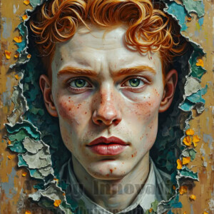 Art imitating life — and life imitating art. This AI-generated abstract concept collection features handsome men breaking the fourth wall of the canvas itself, emerging from classic oil paintings as their faces and forms come alive while their bodies remain painted on the wall. A profound meditation on the connection between creative expression and human experience — and a stunning visual achievement. Created using AI, edited in Photoshop, by © Jeff Dupler | Art by Innovation | https://www.artbyinnovation.com