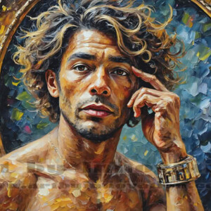 Art imitating life — and life imitating art. This AI-generated abstract concept collection features handsome men breaking the fourth wall of the canvas itself, emerging from classic oil paintings as their faces and forms come alive while their bodies remain painted on the wall. A profound meditation on the connection between creative expression and human experience — and a stunning visual achievement. Created using AI, edited in Photoshop, by © Jeff Dupler | Art by Innovation | https://www.artbyinnovation.com