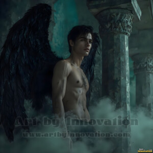In this gallery, AI-generated dark angels handsome fallen angels with massive black and silver wings in gothic atmospheric settings. UHD digital art collection.