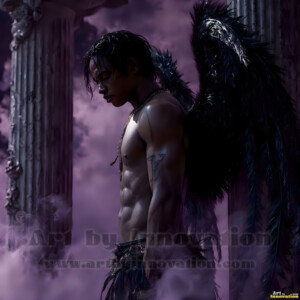In this gallery, AI-generated dark angels handsome fallen angels with massive black and silver wings in gothic atmospheric settings. UHD digital art collection.