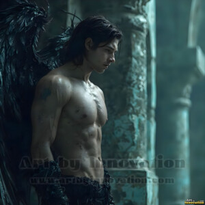In this gallery, AI-generated dark angels handsome fallen angels with massive black and silver wings in gothic atmospheric settings. UHD digital art collection.