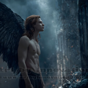 In this gallery, AI-generated dark angels handsome fallen angels with massive black and silver wings in gothic atmospheric settings. UHD digital art collection.