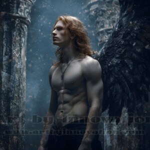 In this gallery, AI-generated dark angels handsome fallen angels with massive black and silver wings in gothic atmospheric settings. UHD digital art collection.